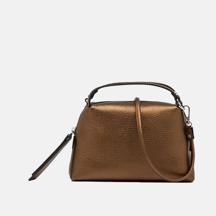 metallic bronze pebbled leather handbag with grab handles and crossbody strap