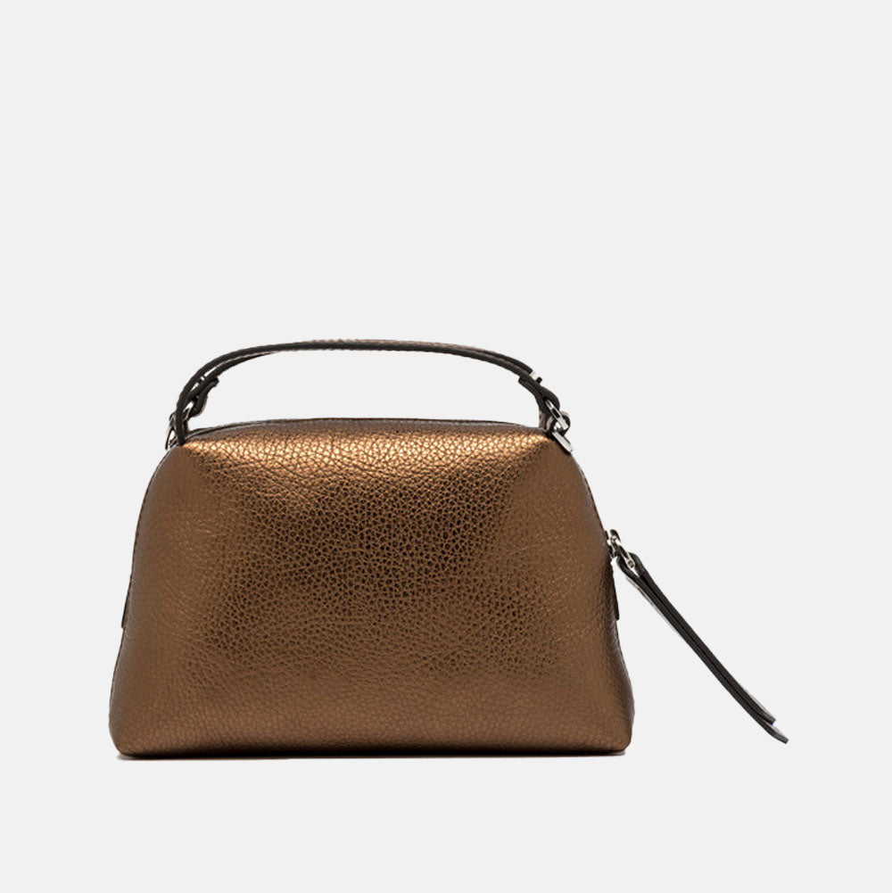 metallic bronze pebbled leather handbag with grab handles