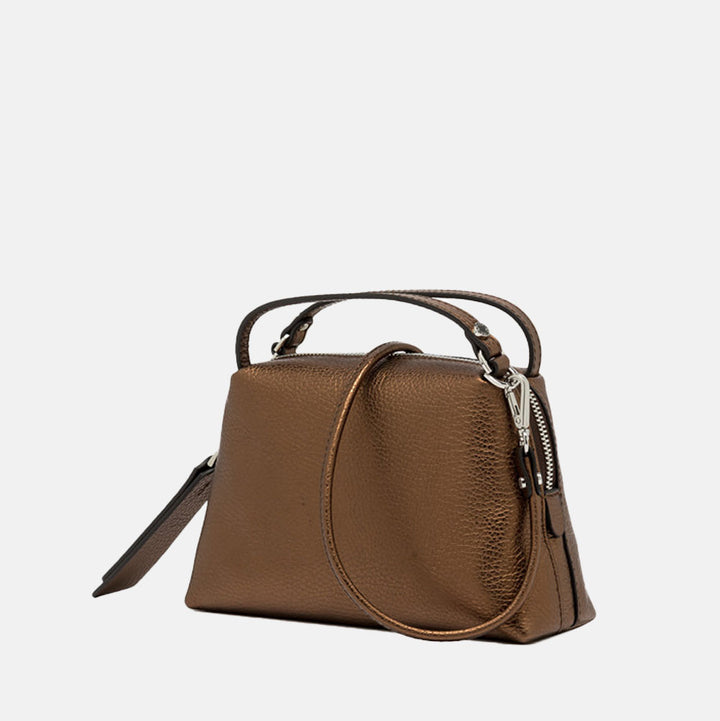 metallic bronze pebbled leather handbag with grab handles and crossbody strap