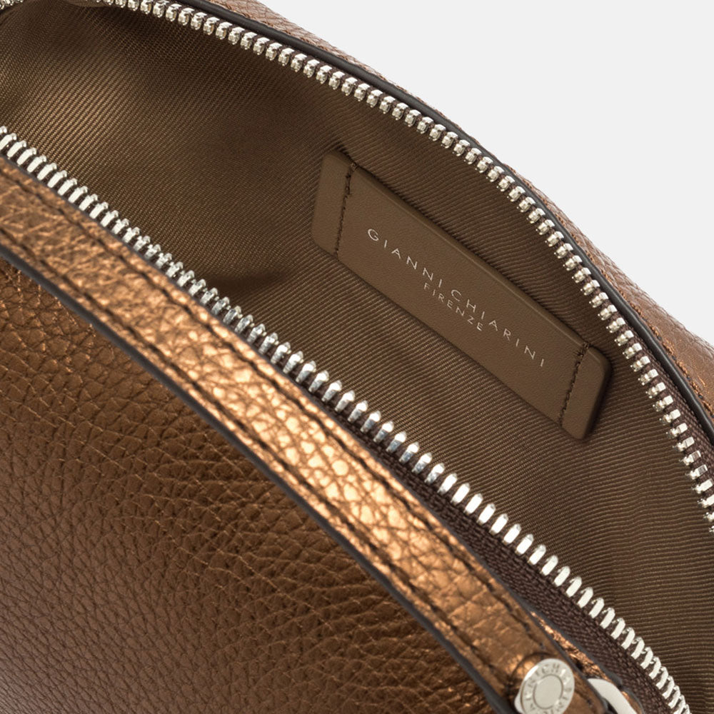 metallic bronze pebbled leather handbag with canvas lined internal compartment
