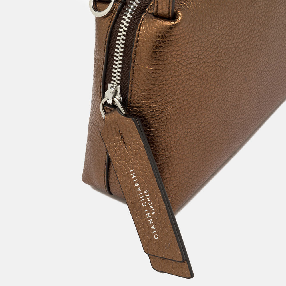 metallic bronze pebbled leather handbag with Gianni Chiarini branded zip pull