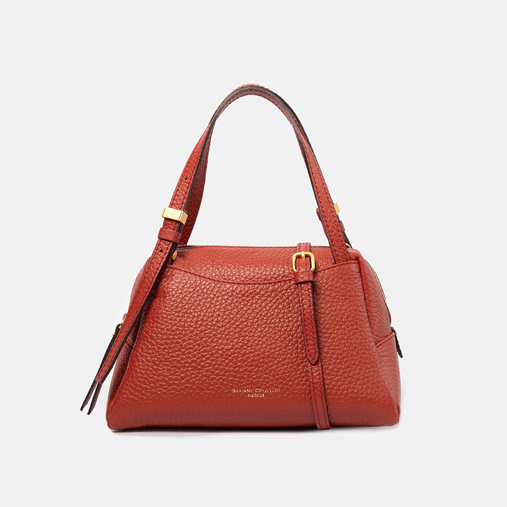 brick red pebbled leather handbag with detachable crossbody strap and gold hardware