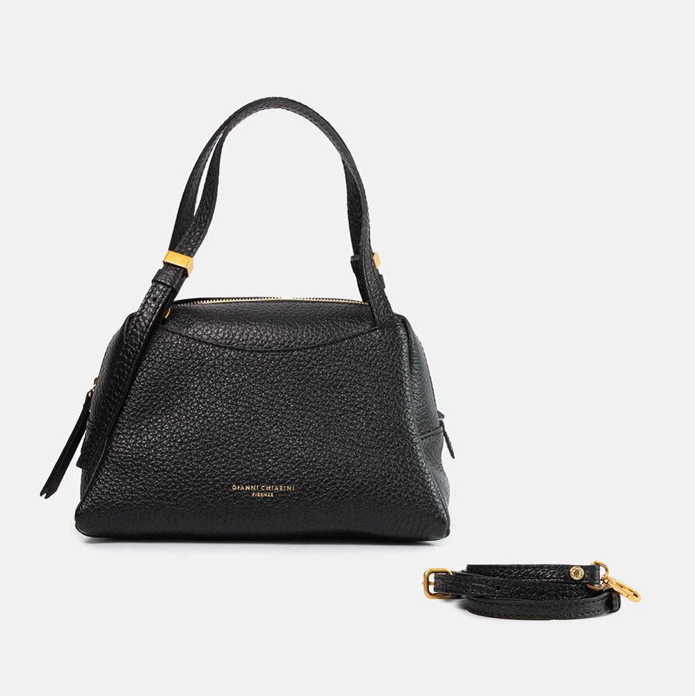 black pebbled leather handbag with gold hardware, grab handles and detachable crossbody strap
