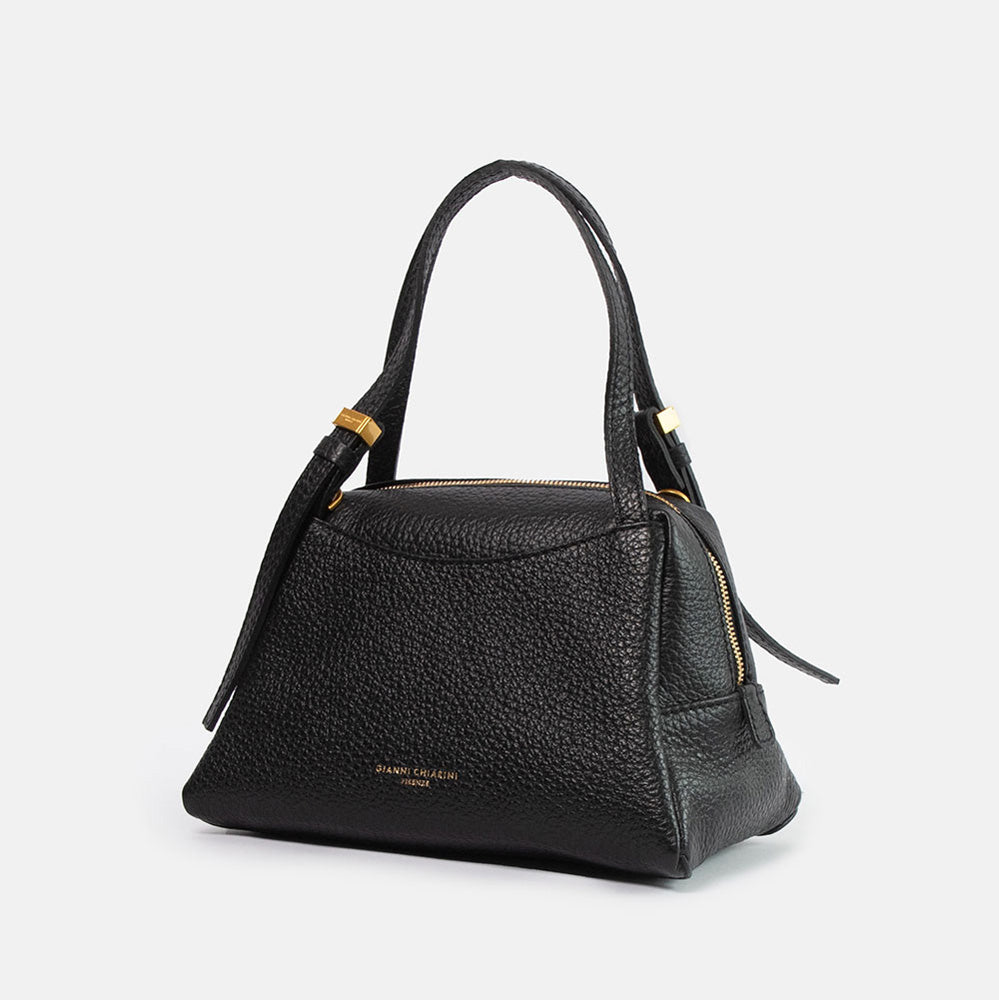 black pebbled leather handbag with gold hardware and grab handles