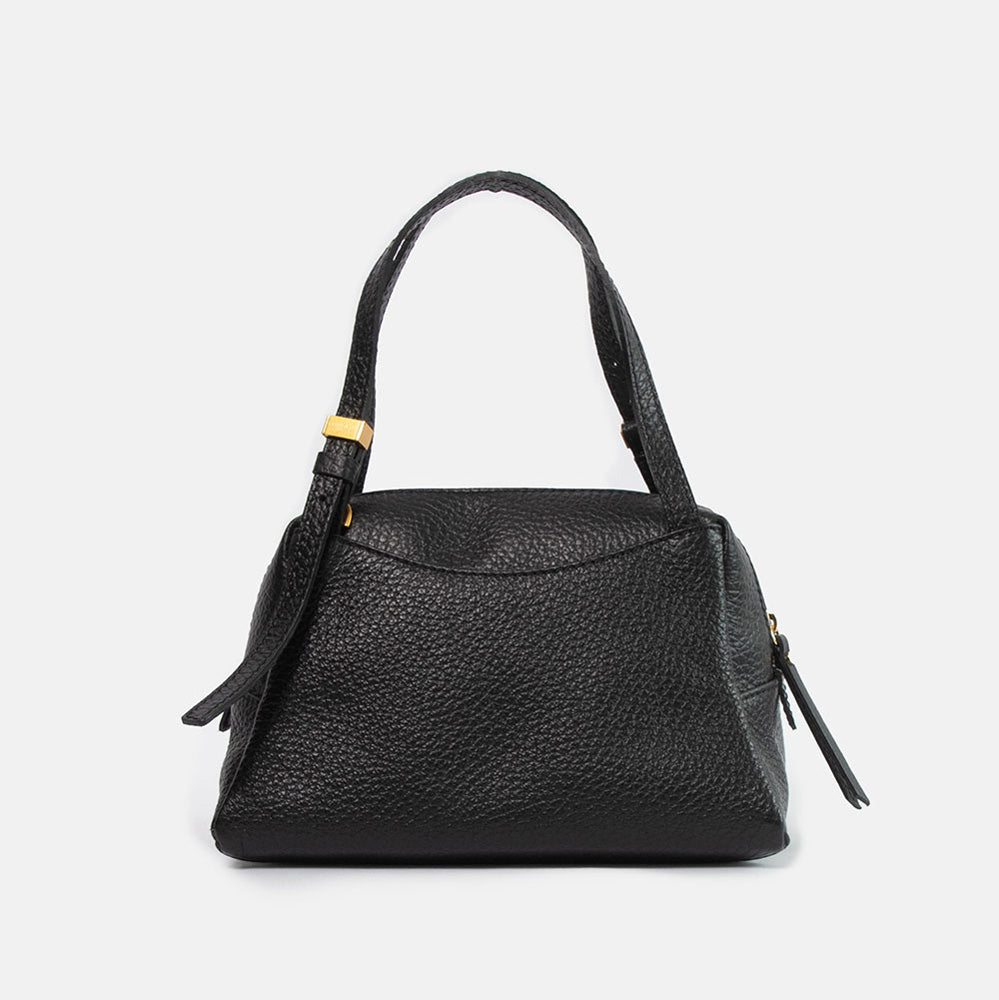 black pebbled leather handbag with gold hardware and grab handles