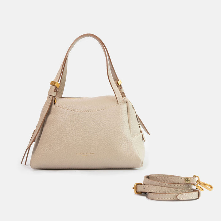 light grey pebbled leather handbag with detachable crossbody strap and gold hardware