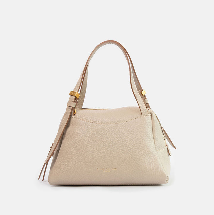 light grey pebbled leather handbag with detachable crossbody strap and gold hardware