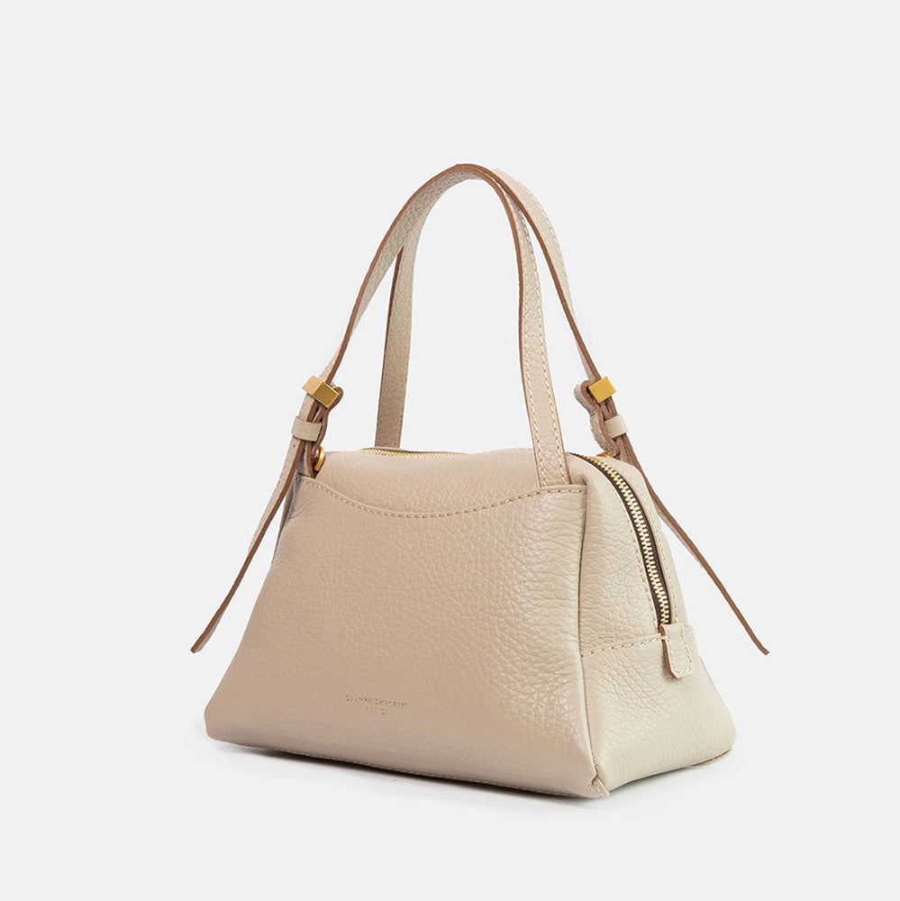 light grey pebbled leather handbag with detachable crossbody strap and gold hardware