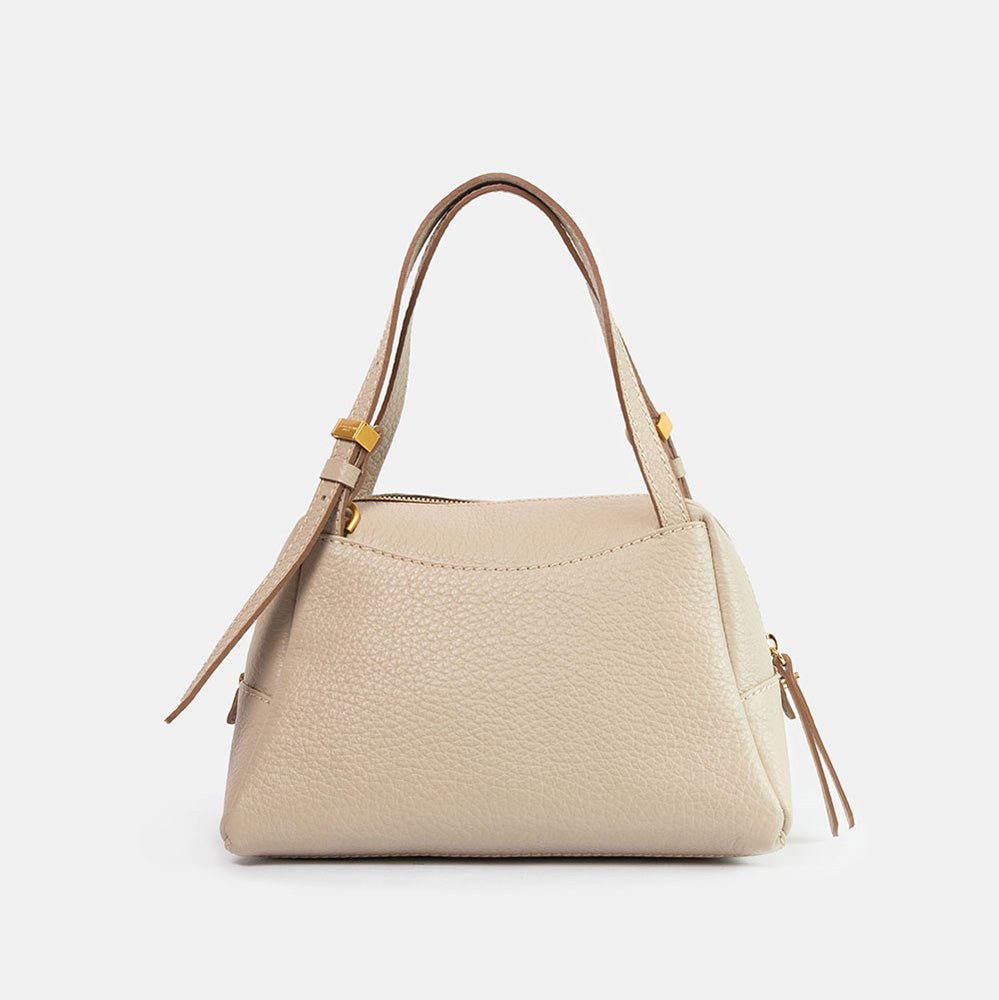 light grey pebbled leather handbag with detachable crossbody strap and gold hardware