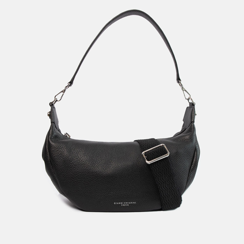 black pebbled leather sling bag with leather shoulder strap and webbing crossbody strap
