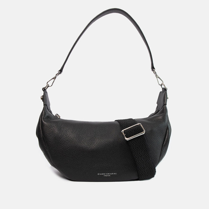 black pebbled leather sling bag with leather shoulder strap and webbing crossbody strap