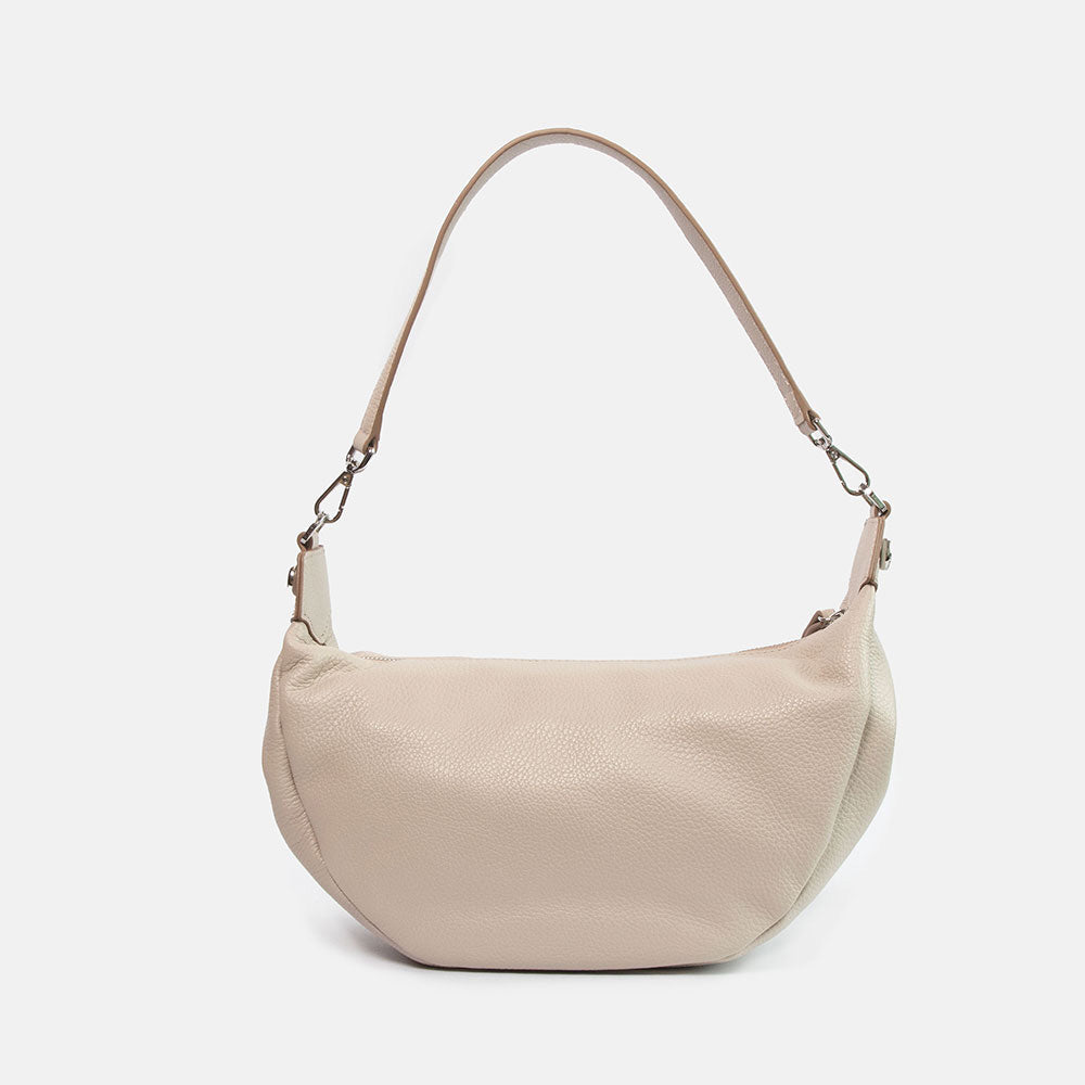 light grey pebbled leather sling bag with leather shoulder strap