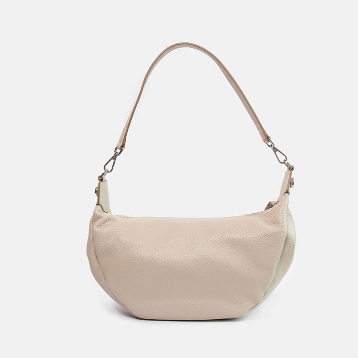 light grey pebbled leather sling bag with leather shoulder strap