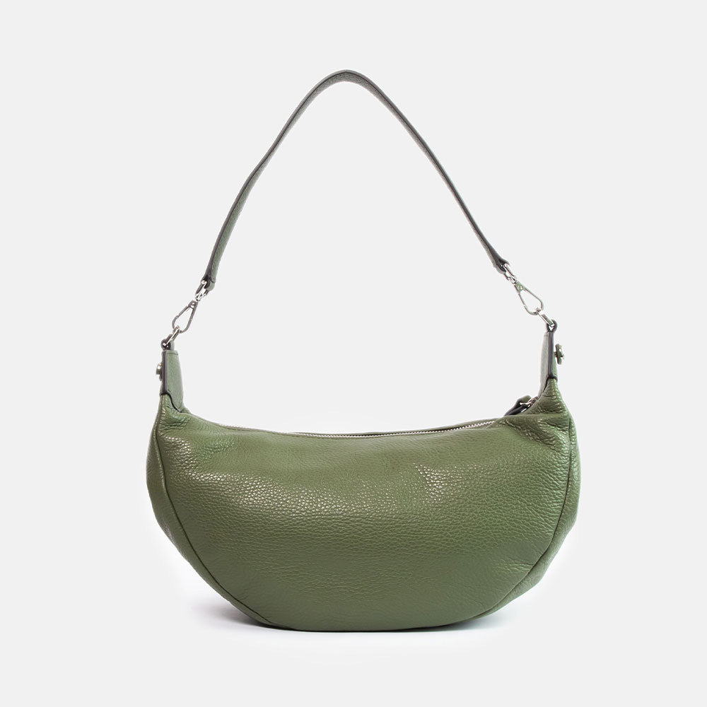 green pebbled leather sling bag with leather shoulder strap