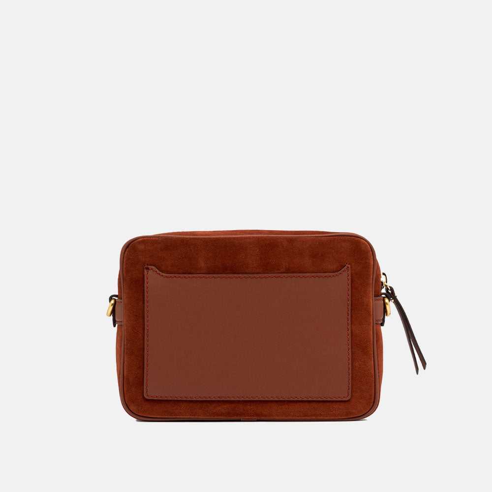 brick red suede leather handbag with flat back pocket