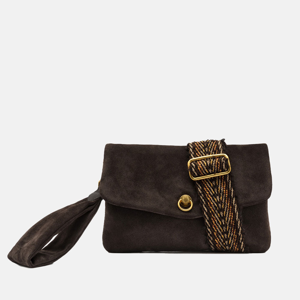 dark brown suede leather handbag with wrist strap and contrast woven fabric crossbody strap