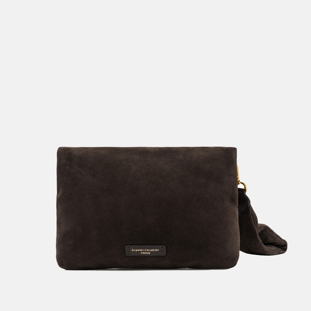 dark brown suede leather handbag with wrist strap