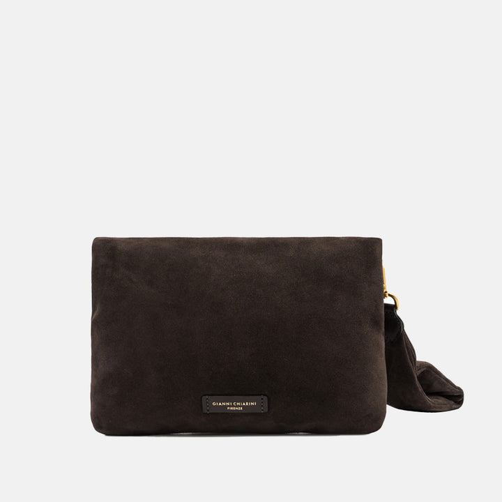 dark brown suede leather handbag with wrist strap