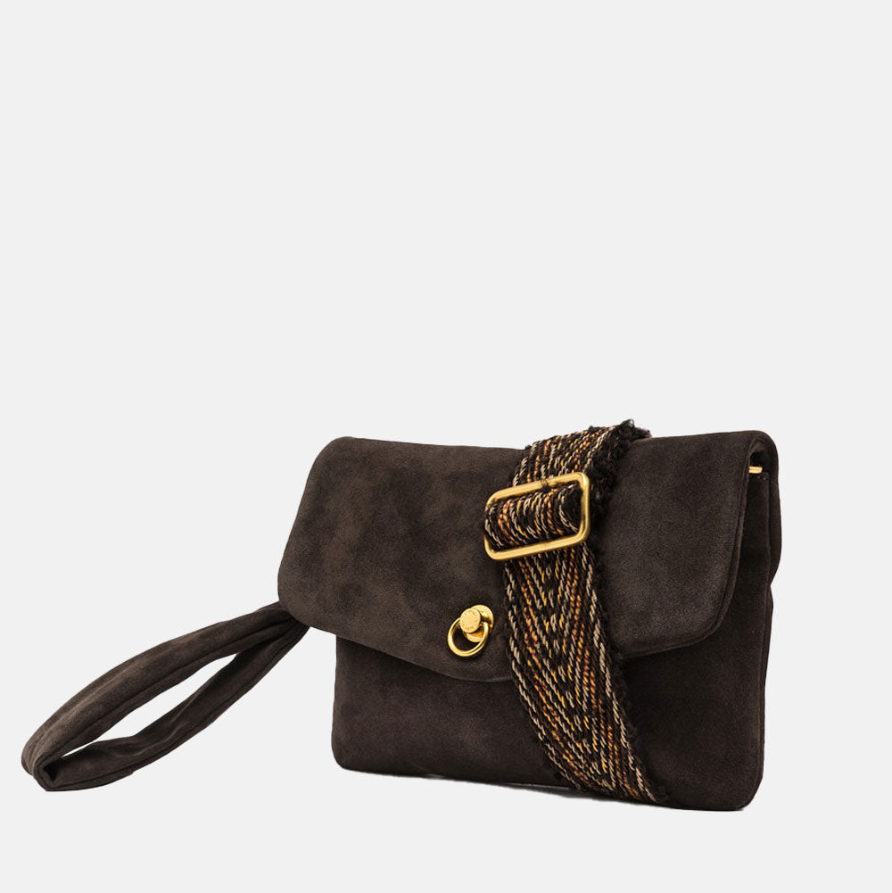 dark brown suede leather handbag with wrist strap and contrast woven fabric crossbody strap
