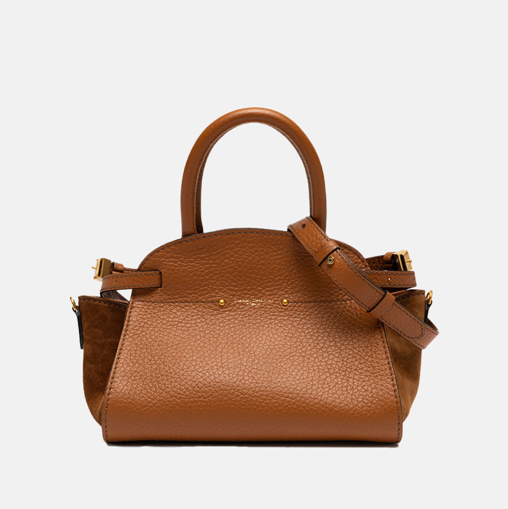 brown leather pebbled leather handbag with tonal suede side panels and top grab handles