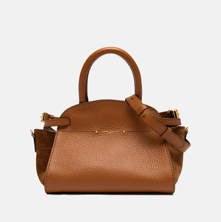 brown leather pebbled leather handbag with tonal suede side panels and top grab handles