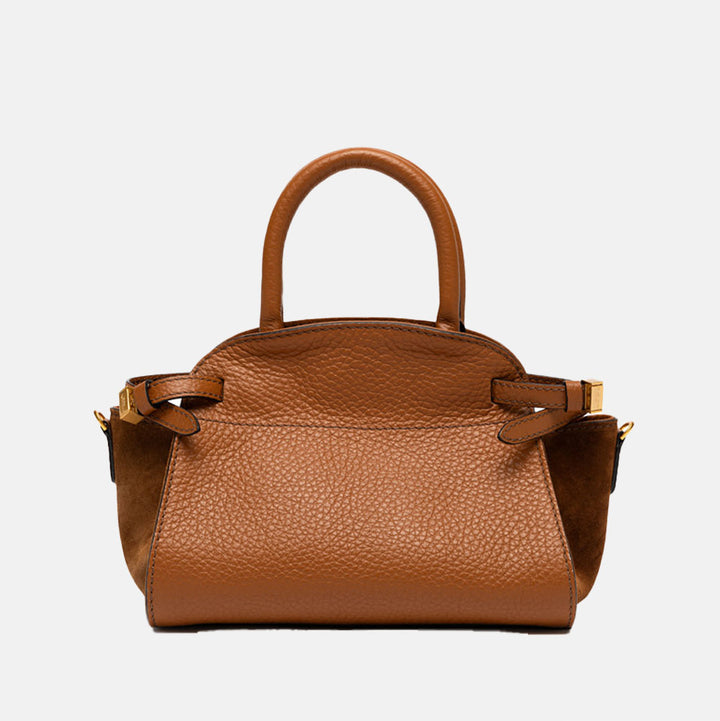 brown leather pebbled leather handbag with tonal suede side panels and top grab handles