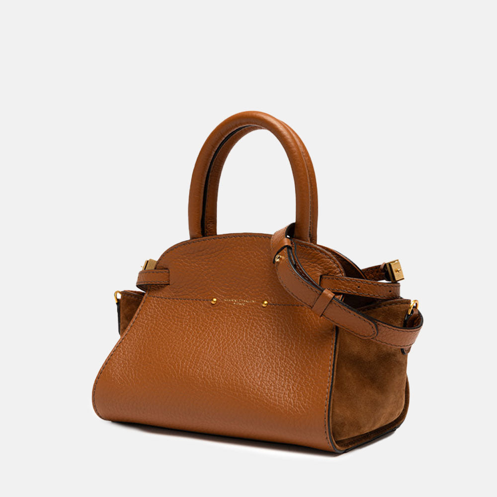 brown leather pebbled leather handbag with tonal suede side panels and top grab handles