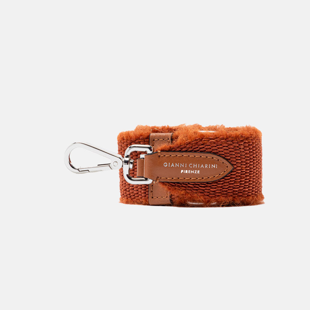 orange mohair wool handbag strap with silver hardware and brown leather tabs