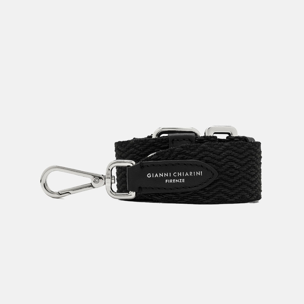 black woven ribbon handbag strap with silver hardware and black leather tab