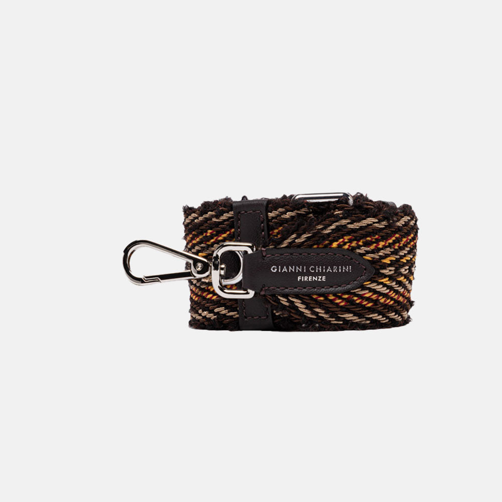 brown, yellow & red woven fabric handbag strap with silver hardware and leather tab