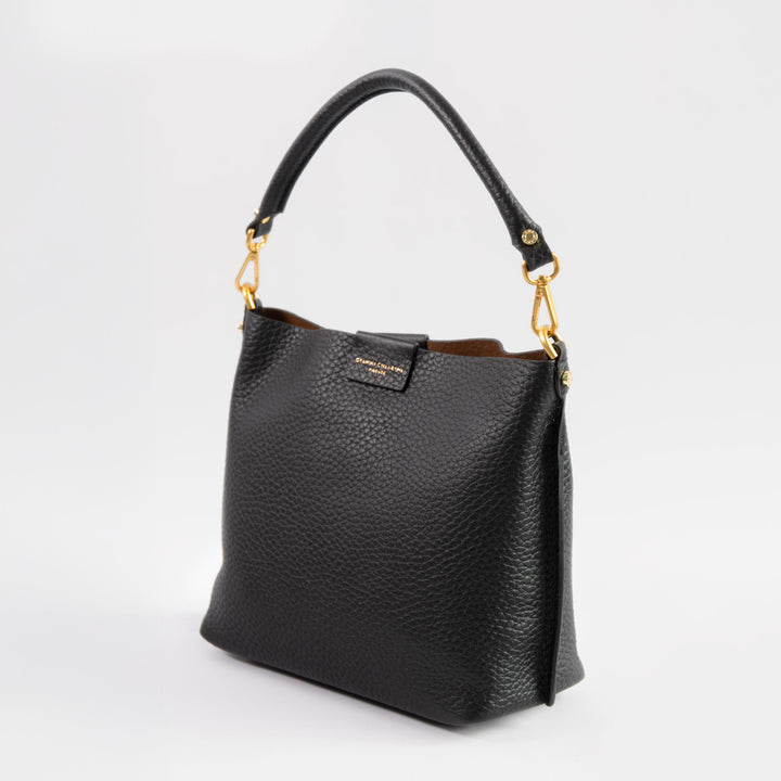 black pebbled leather handbag with gold hardware and gold print Gianni Chiarini branding