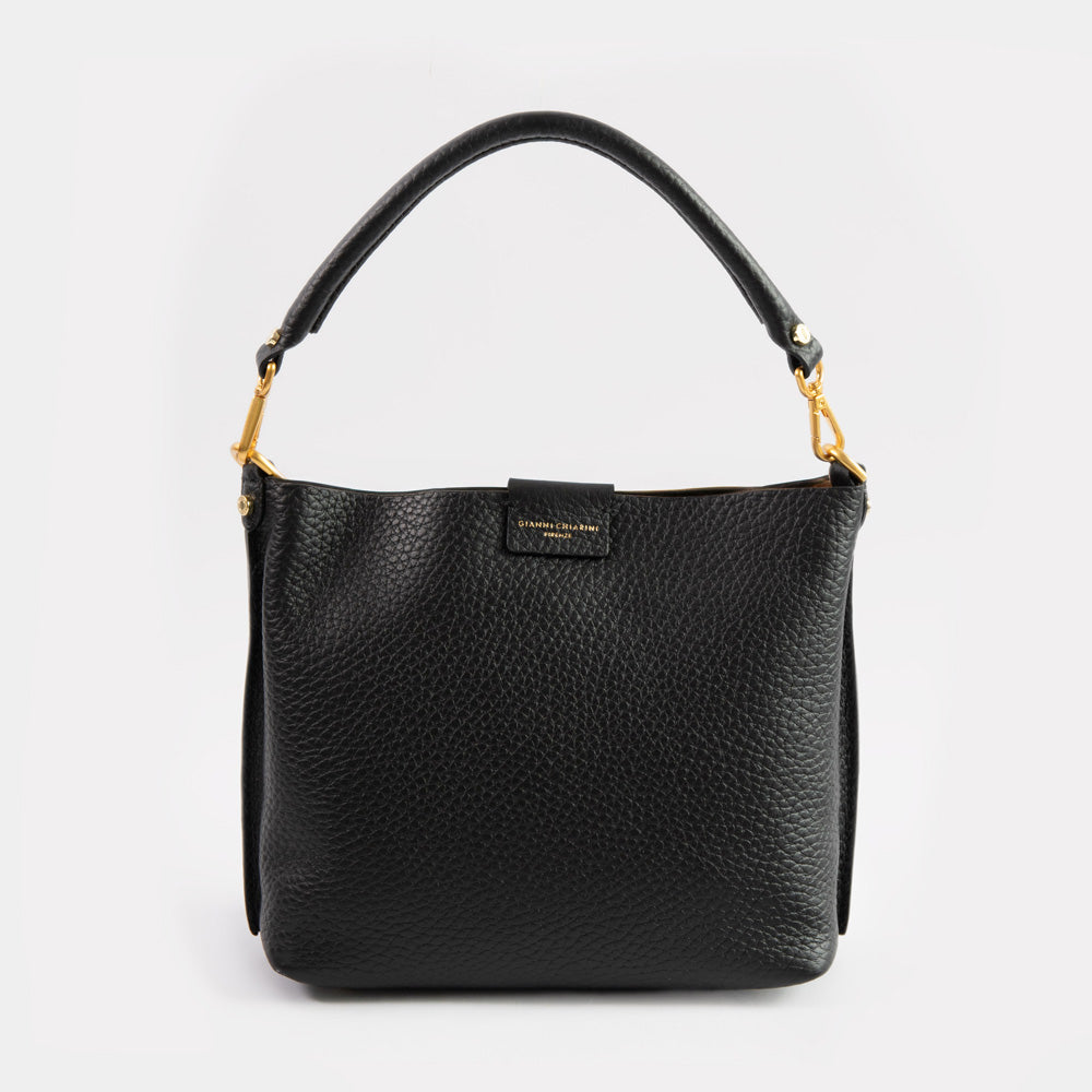 black pebbled leather handbag with gold hardware and gold print Gianni Chiarini branding