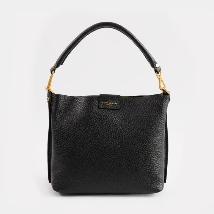 black pebbled leather handbag with gold hardware and gold print Gianni Chiarini branding