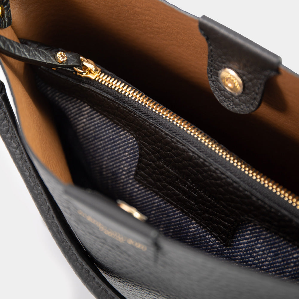 Close-up of a black handbag with gold zipper and handle on a white background