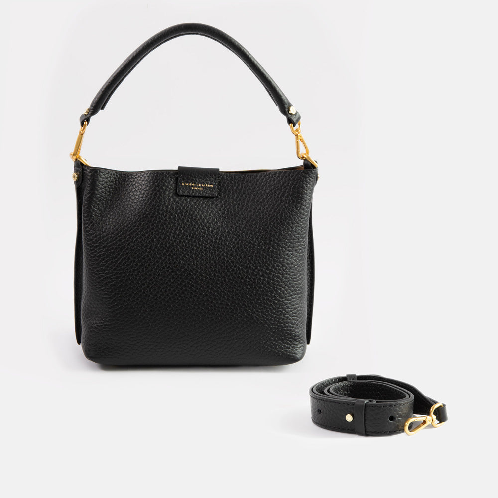 black pebbled leather handbag with gold hardware and gold print Gianni Chiarini branding, shown with spare long cross body strap