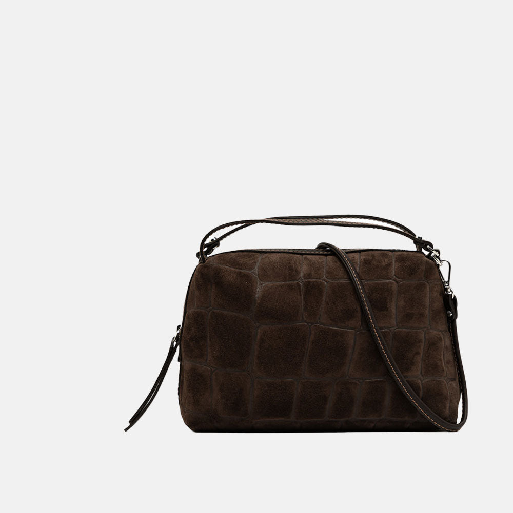 dark brown crocodile print suede handbag with grab handles and crossbody strap