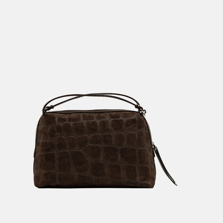 dark brown crocodile print suede handbag with grab handles and crossbody strap