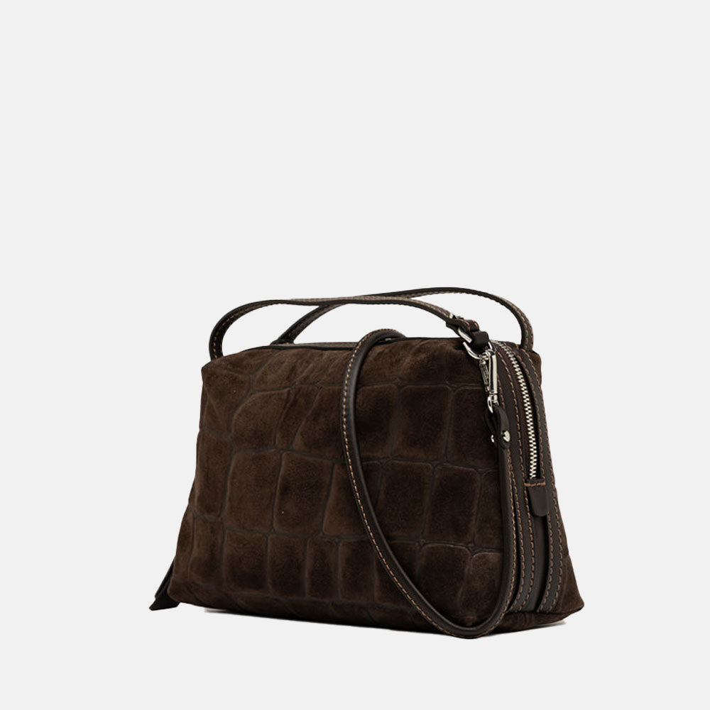dark brown crocodile print suede handbag with grab handles and crossbody strap