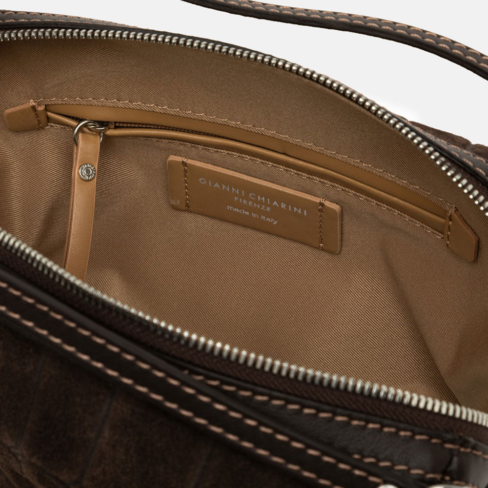 dark brown crocodile print suede handbag with grab handles and crossbody strap