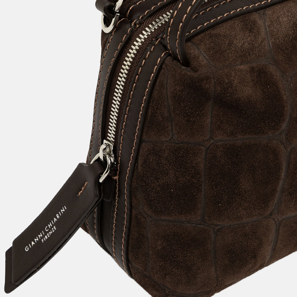 dark brown crocodile print suede handbag with grab handles and crossbody strap