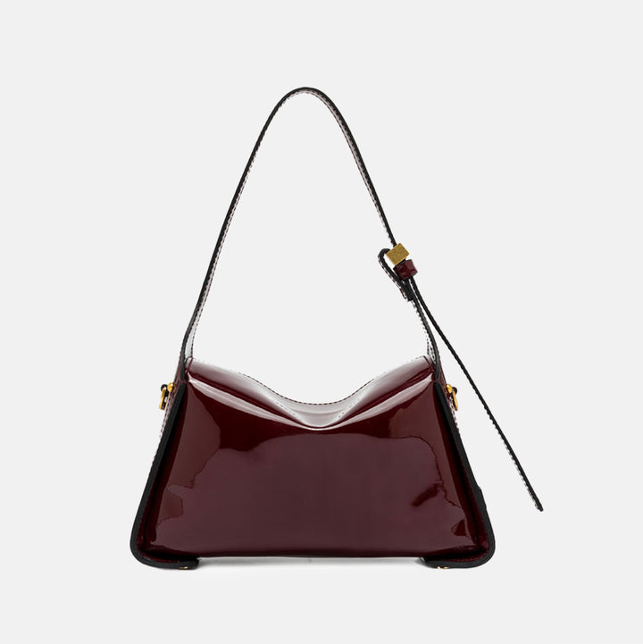 burgundy patent leather handbag with top grab handles