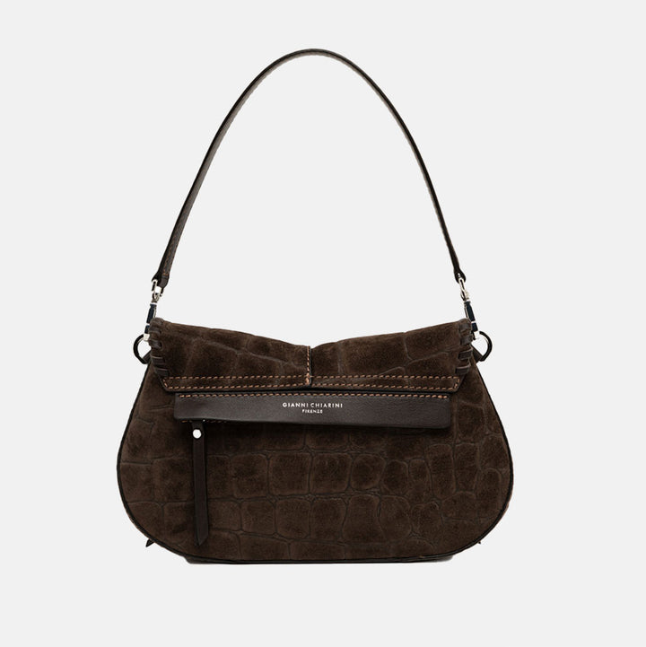 dark brown crocodile print suede saddle bag with top grab handle and concealed zip pocket on back