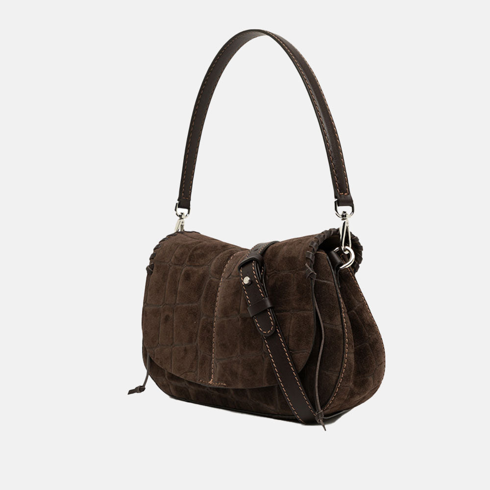 dark brown crocodile print suede saddle bag with top grab handle and leather crossbody strap
