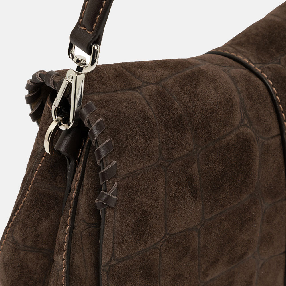 dark brown crocodile print suede saddle bag