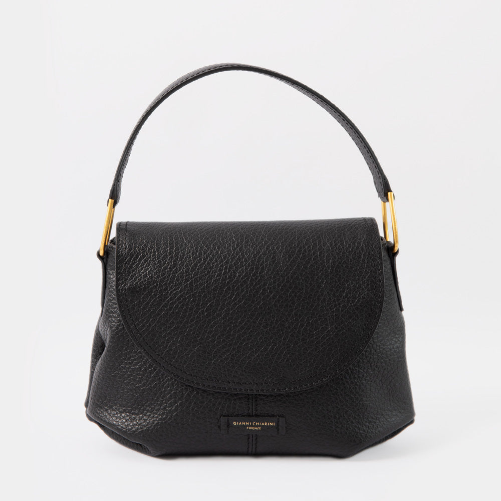 black pebbled leather overflap handbag with gold hardware and gianni chiarini branding