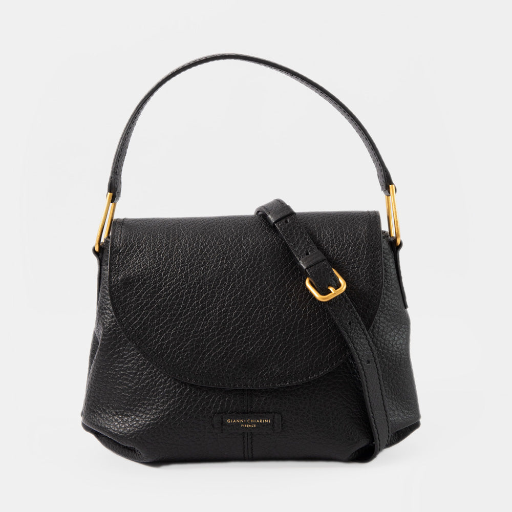 black pebbled leather overflap handbag with gold hardware and gianni chiarini branding