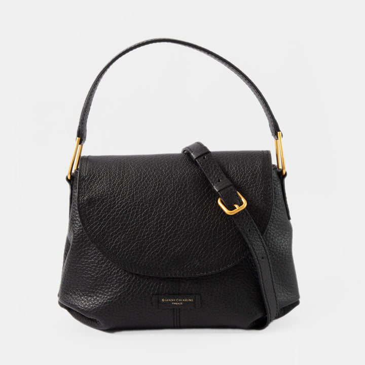 black pebbled leather overflap handbag with gold hardware and gianni chiarini branding