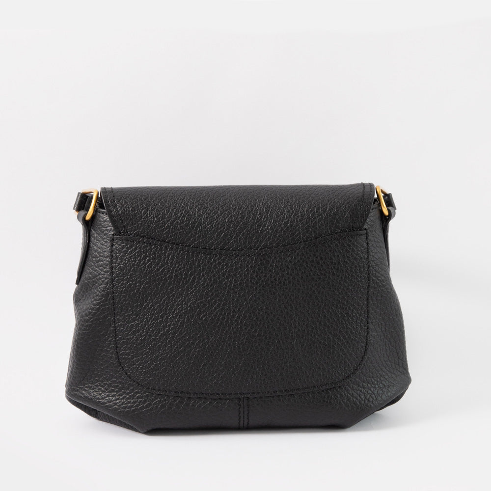 black pebbled leather overflap handbag with gold hardware