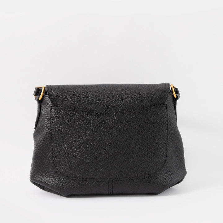 black pebbled leather overflap handbag with gold hardware