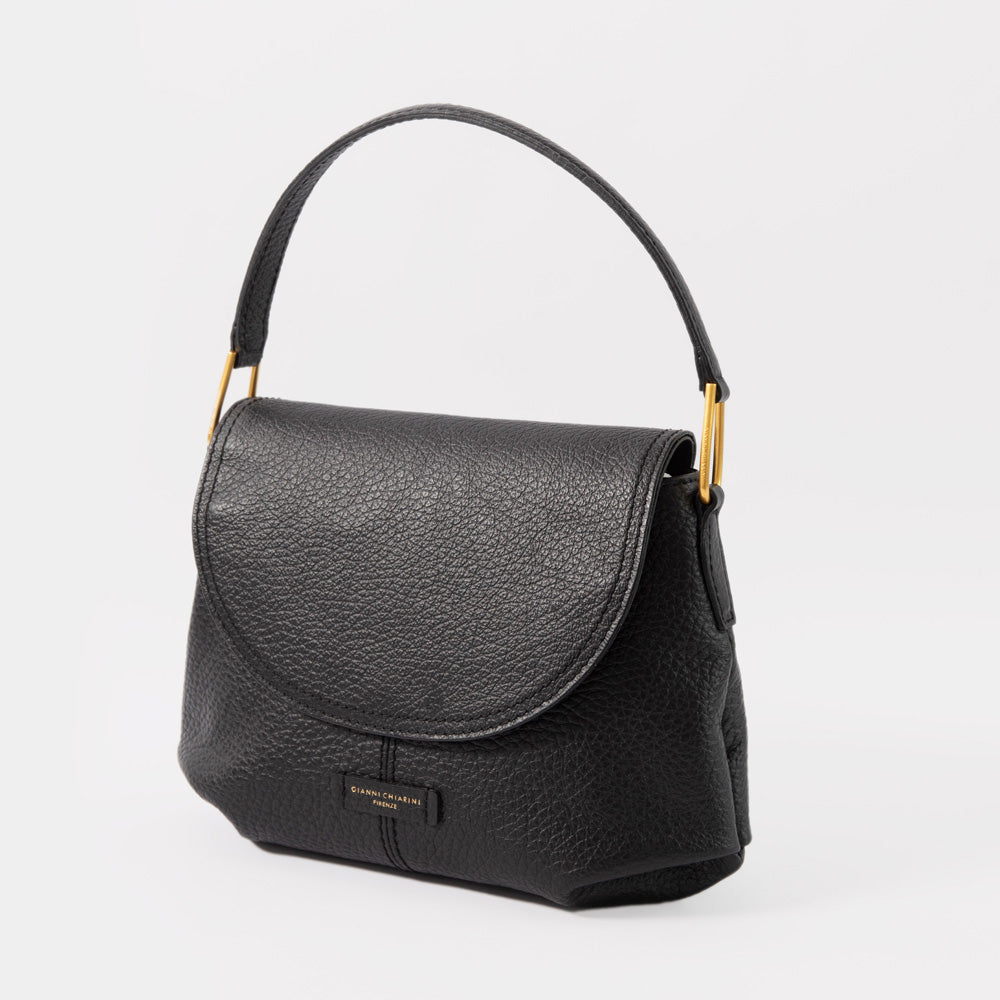 black pebbled leather overflap handbag with gold hardware and gianni chiarini branding